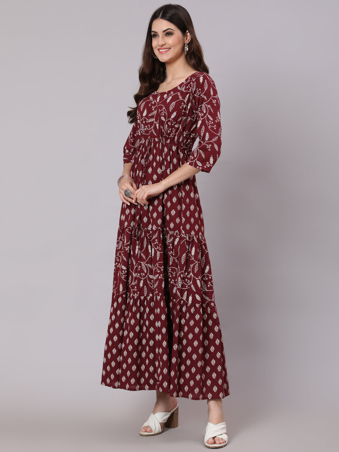 Ethnic Printed Flared Dress With Three Quarter Sleevs