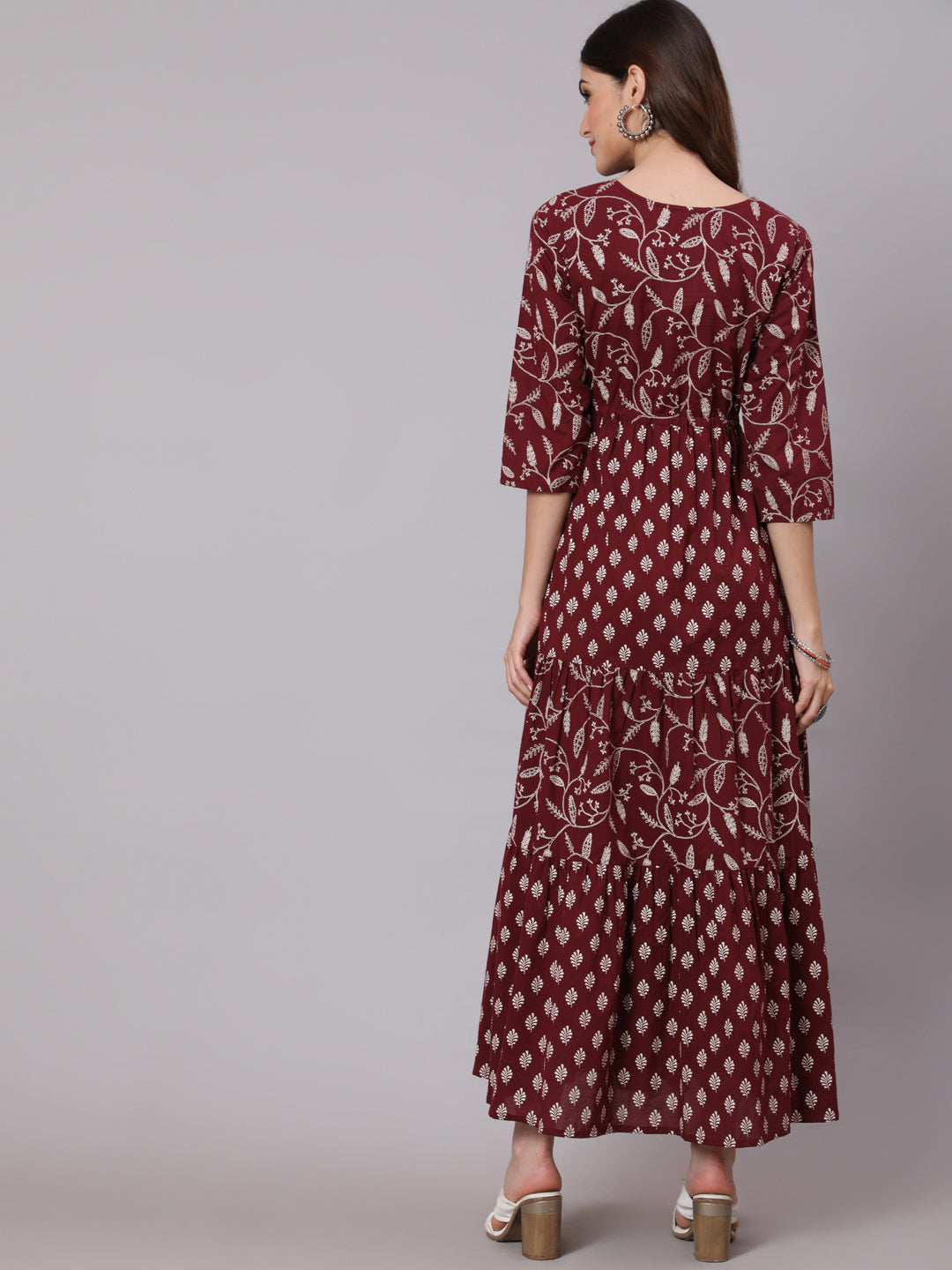 Ethnic Printed Flared Dress With Three Quarter Sleevs
