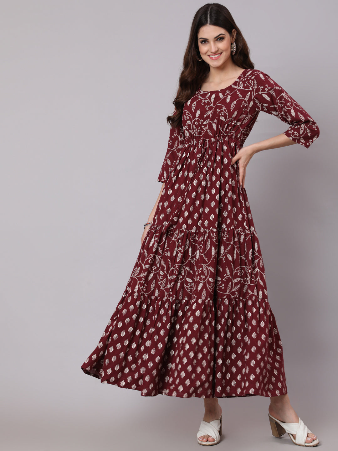 Ethnic Printed Flared Dress With Three Quarter Sleevs