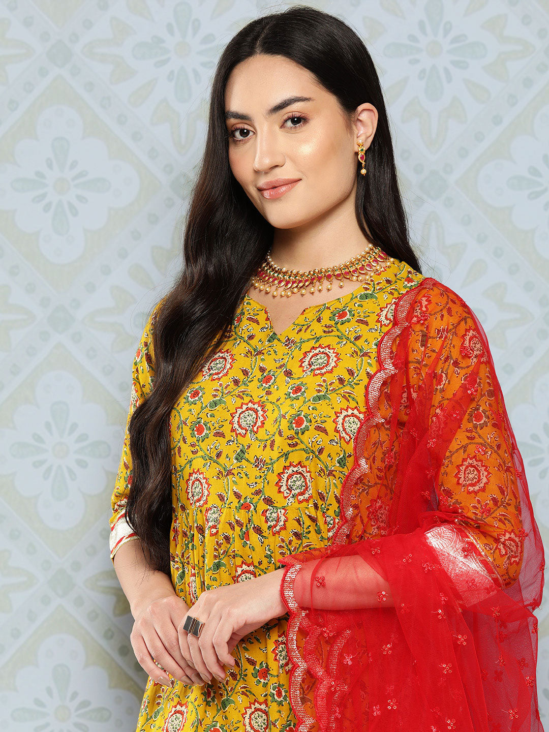 Floral Printed Flared Dress With Scalloped Dupatta