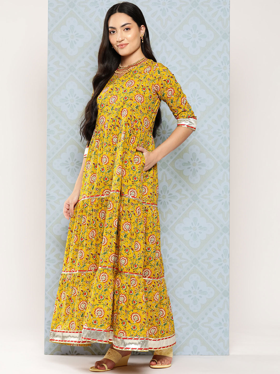 Floral Printed Flared Dress With Scalloped Dupatta