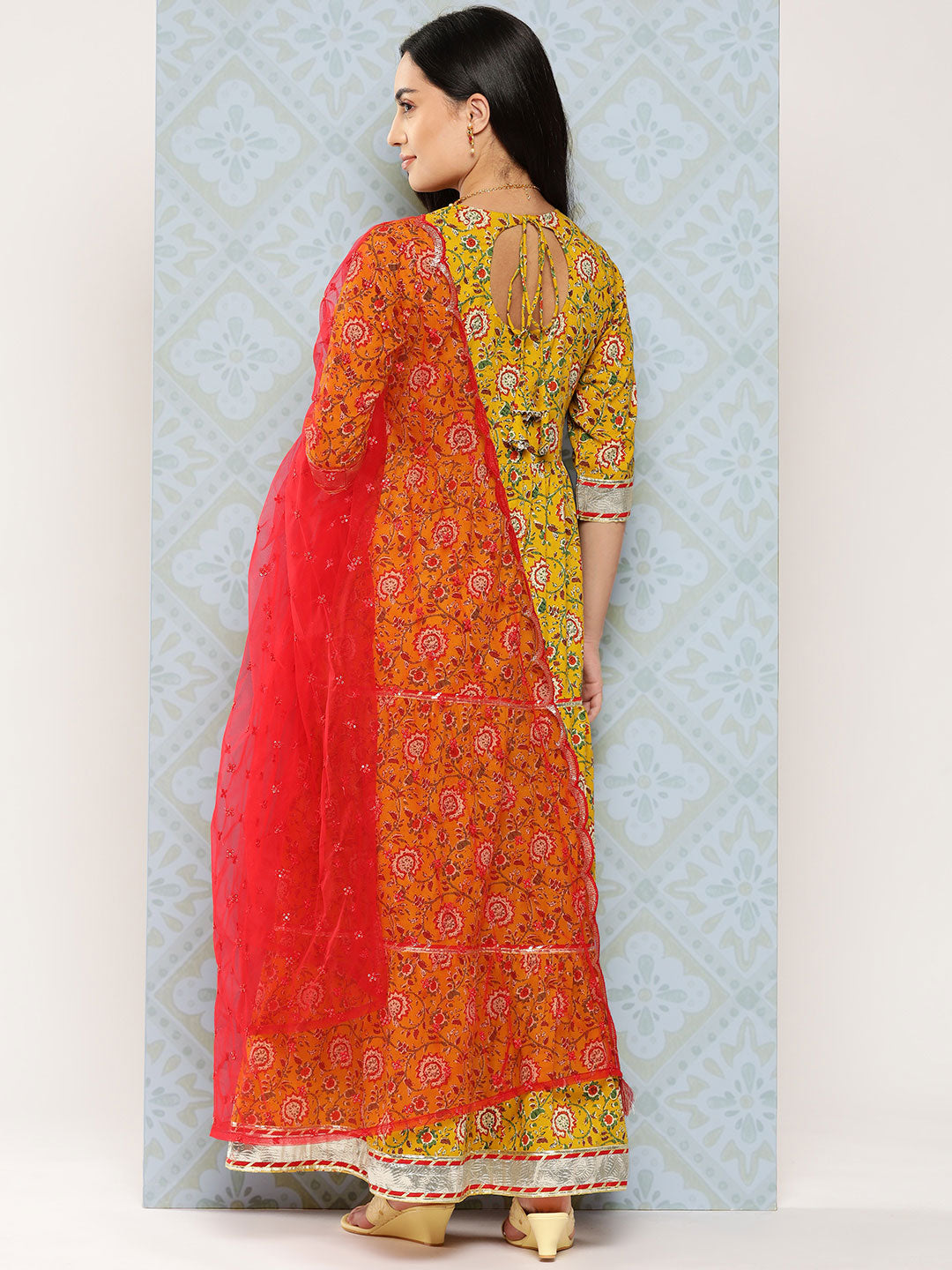 Floral Printed Flared Dress With Scalloped Dupatta