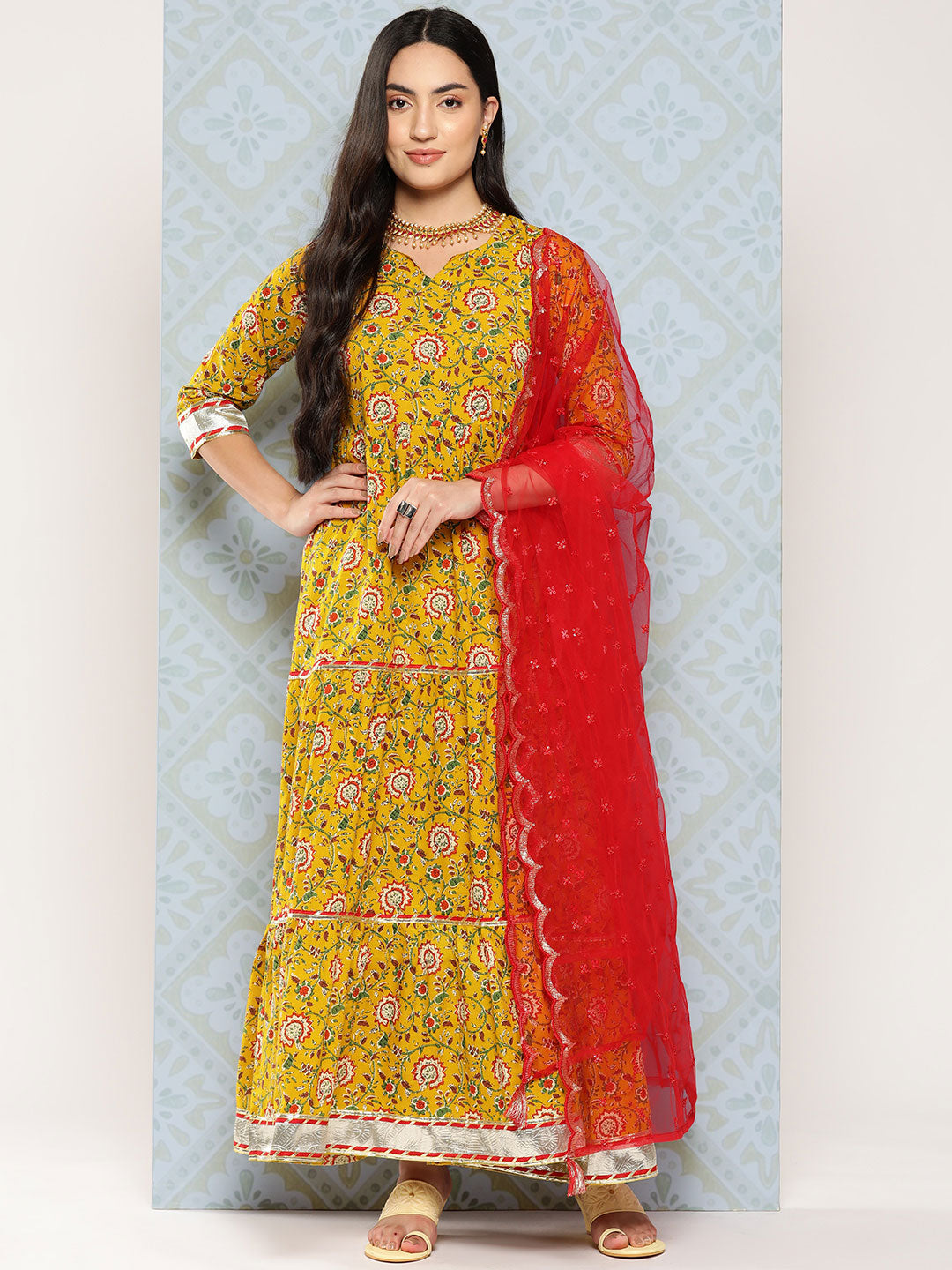 Floral Printed Flared Dress With Scalloped Dupatta