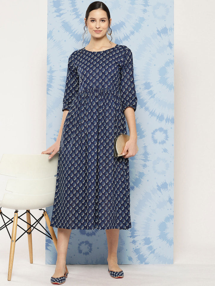 Printed Flared Dress With Three Quarter Sleeves
