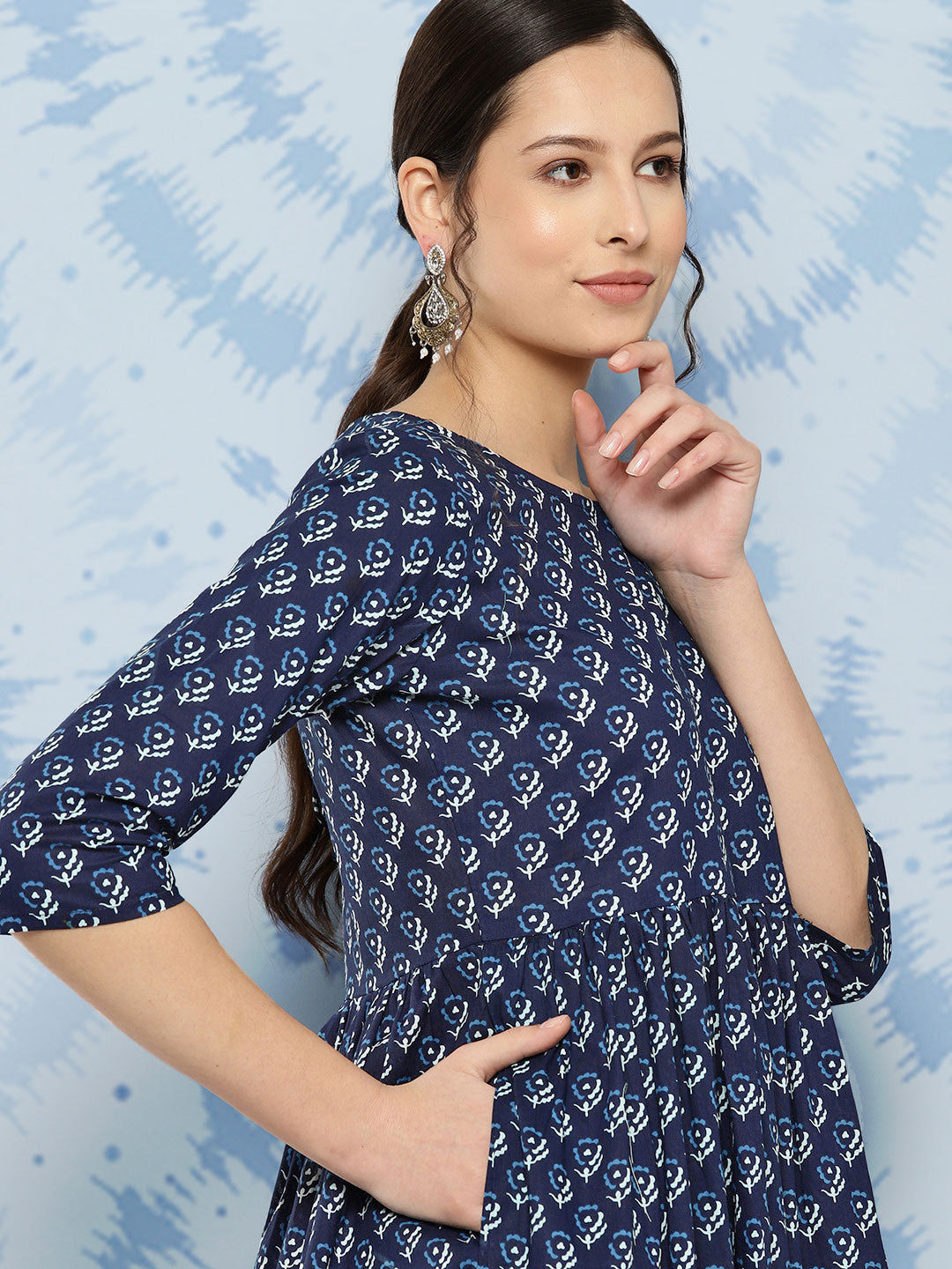 Printed Flared Dress With Three Quarter Sleeves
