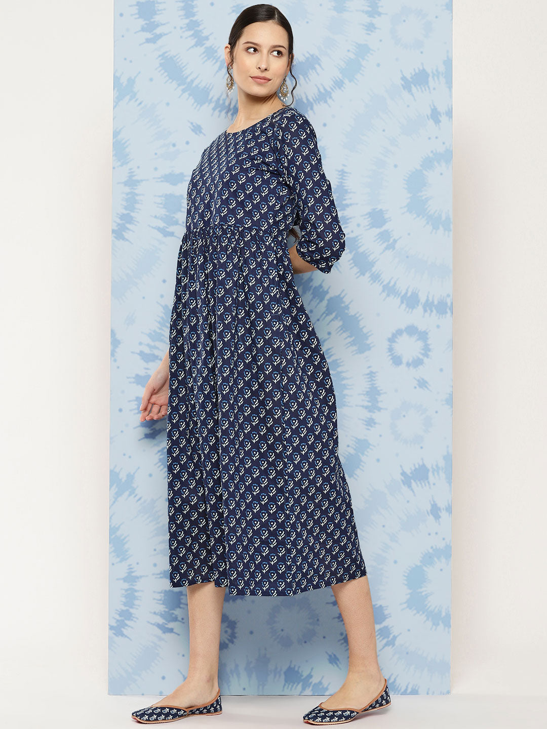 Printed Flared Dress With Three Quarter Sleeves