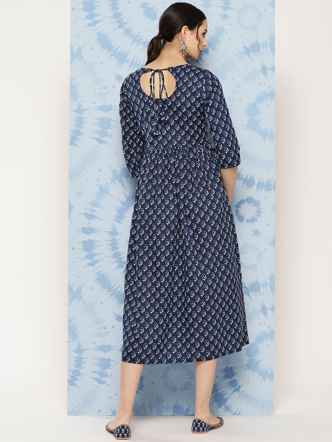 Printed Flared Dress With Three Quarter Sleeves