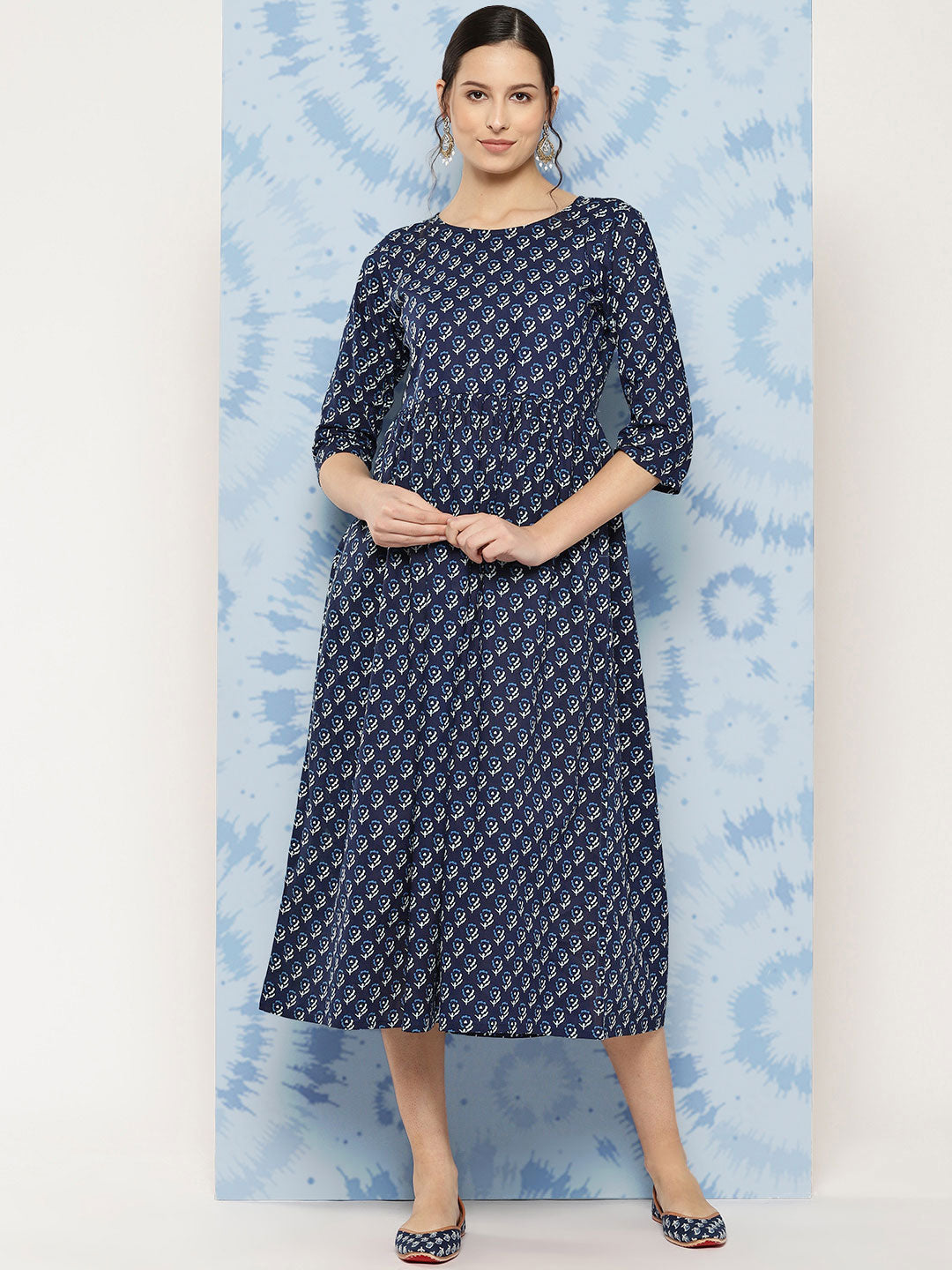 Printed Flared Dress With Three Quarter Sleeves