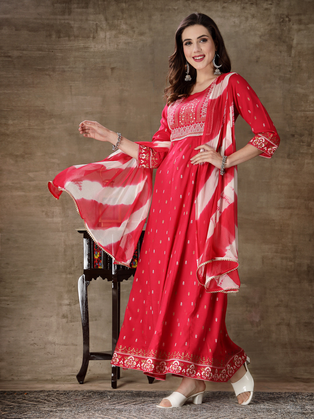 Printed Rayon Anarkali Kurta With Dupatta