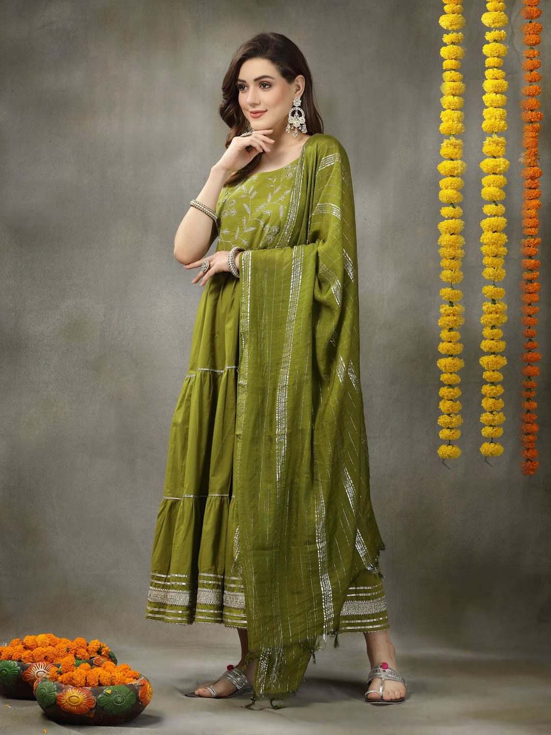 Embroidered Cotton Tiered Kurta With Dupatta