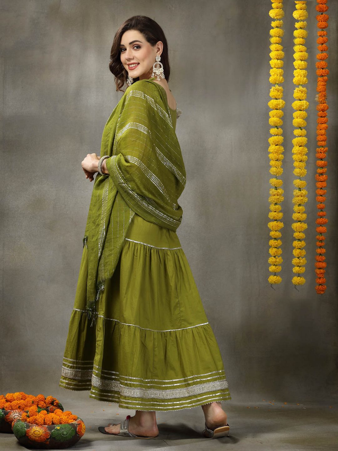 Embroidered Cotton Tiered Kurta With Dupatta
