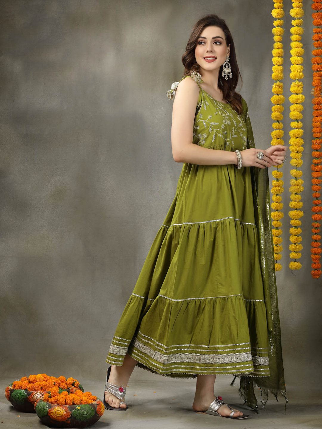 Embroidered Cotton Tiered Kurta With Dupatta