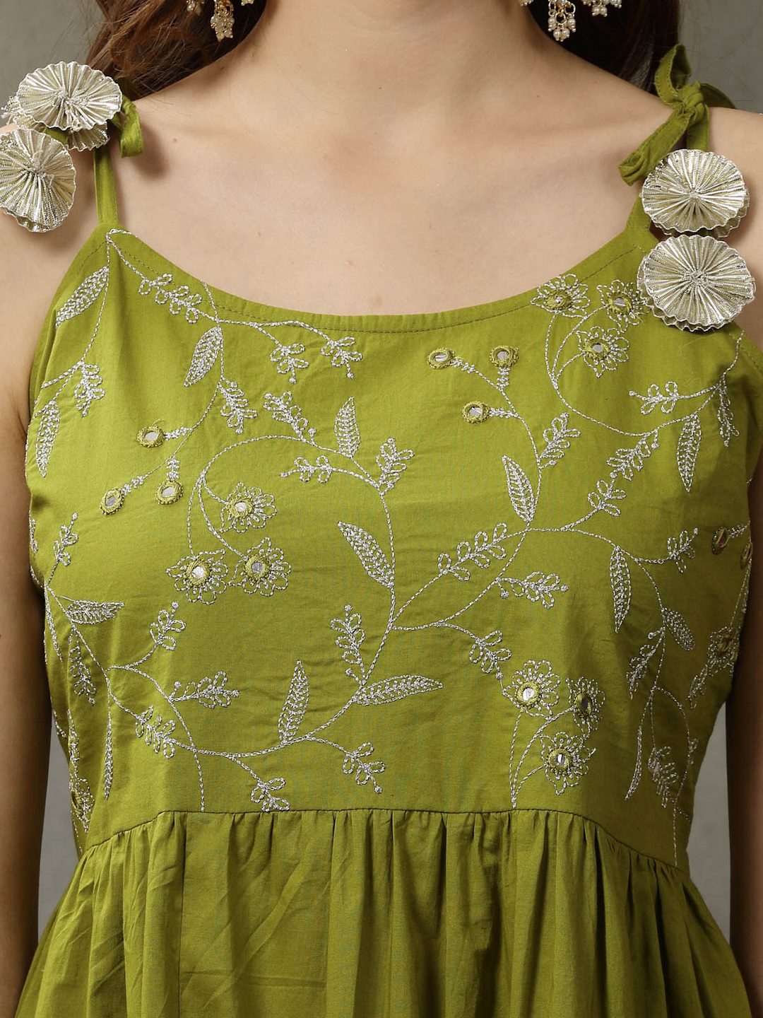 Embroidered Cotton Tiered Kurta With Dupatta