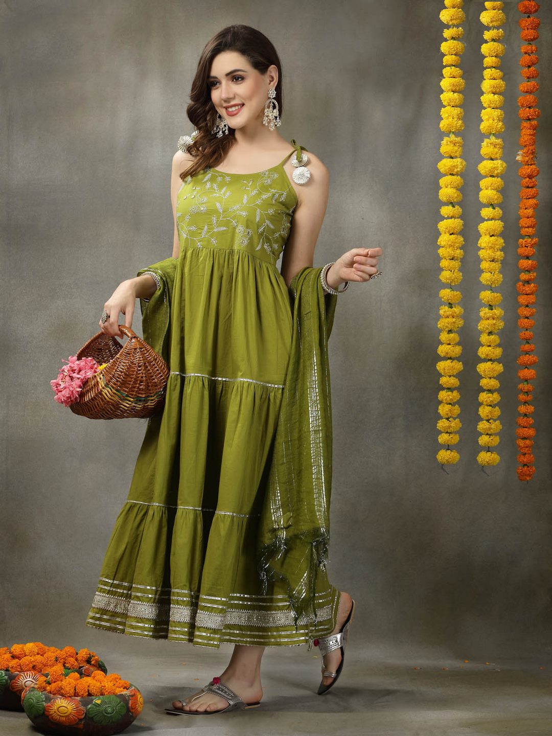 Embroidered Cotton Tiered Kurta With Dupatta
