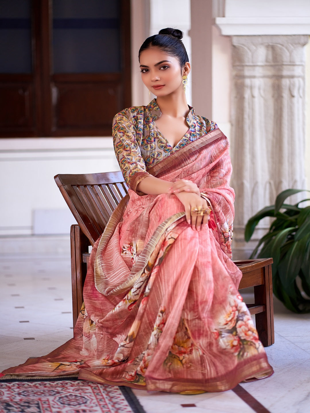 Digital Print Zari Border Linen Saree