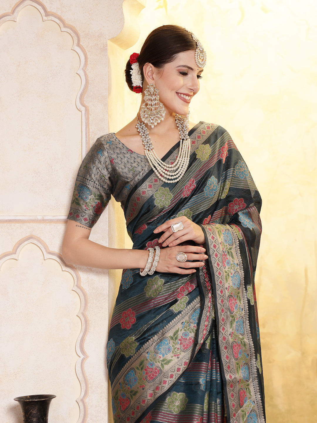 Ethnic Motifs Zari Border Organza Saree