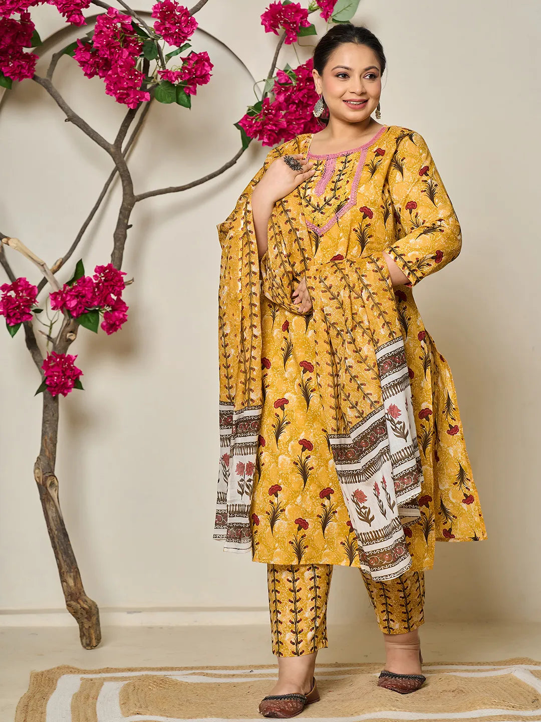 Women's Mustard Cotton Mustard Cotton Lace Work On Yoke Straight Plus Size Kurta Dupatta Pant Set by Yufta, suitable for wholesale buyers, boutiques, retailers, resellers and bulk fashion orders from Trendphoria
