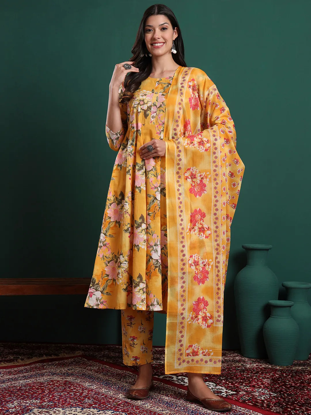 Women's Yellow Cotton Yellow Floral Print A-Line Maternity Kurta Trouser Dupatta Set by Yufta, suitable for wholesale buyers, boutiques, retailers, resellers and bulk fashion orders from Trendphoria