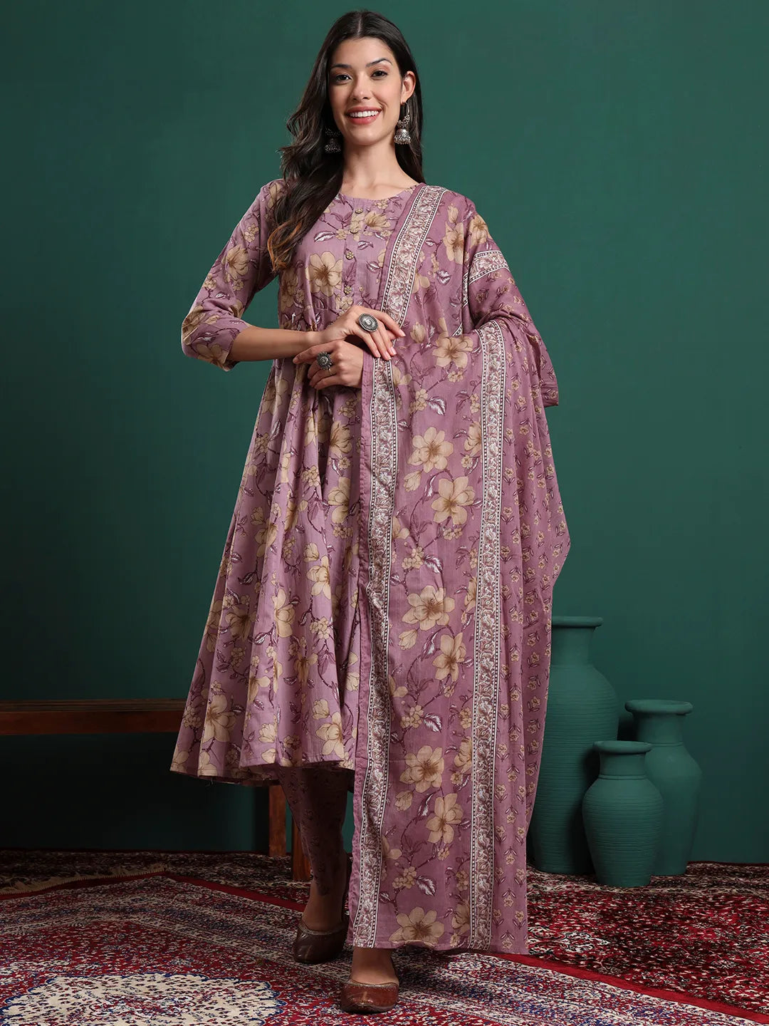 Women's Lavender Cotton Yellow Floral Print Maternity A-Line Kurta Trouser Dupatta Set by Yufta, suitable for wholesale buyers, boutiques, retailers, resellers and bulk fashion orders from Trendphoria