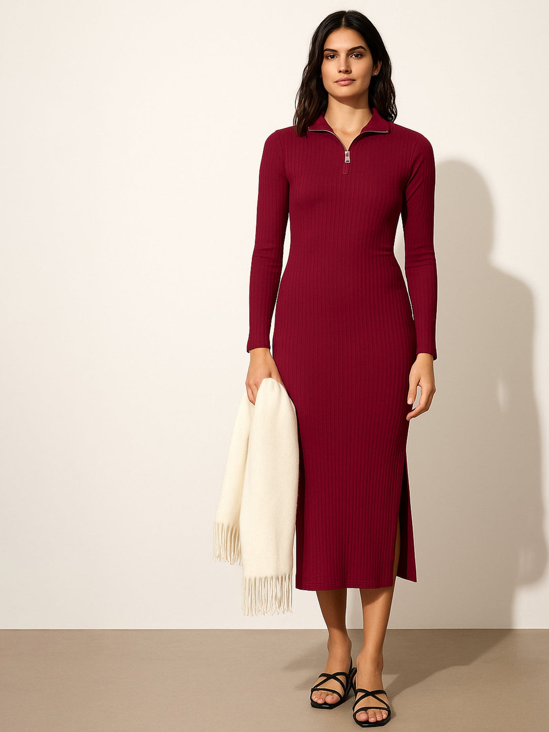 Women's Women Maroon Rib High Neck Front Half Zipper Dress in Cotton by Sassafras for wholesale, bulk, supplier, manufacturer and wholesaler buyers from Trendphoria