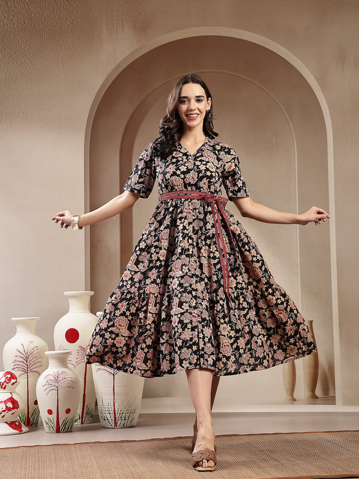 Floral Printed Cotton Tiered Dress