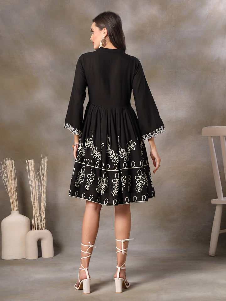 Botanical Printed Rayon Flared Dress