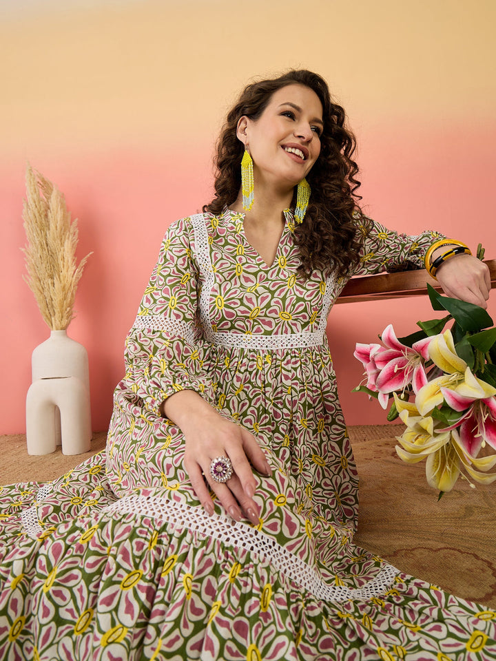 Floral Printed Cotton Tiered Dress
