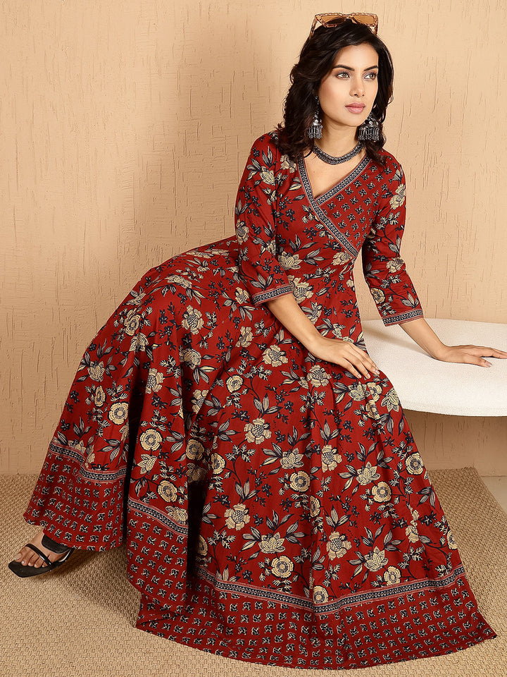 Cotton Ankle Length Printed Flared Three-Quarter Sleeves V-Neck Gown