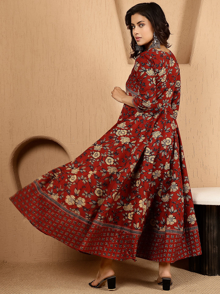 Cotton Ankle Length Printed Flared Three-Quarter Sleeves V-Neck Gown