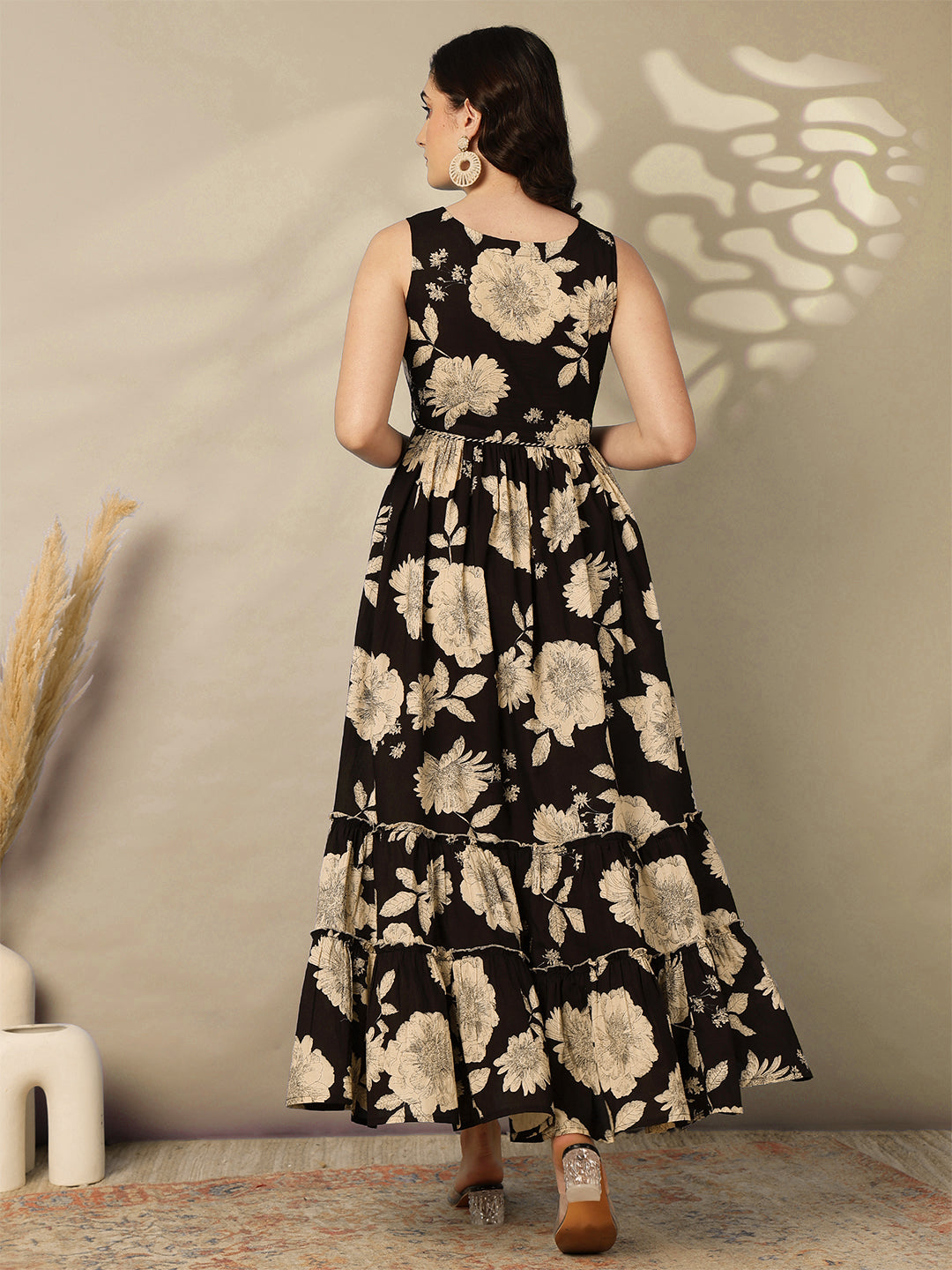 Cotton Calf Length Printed Flared Sleeveless Sweetheart Neck Dress