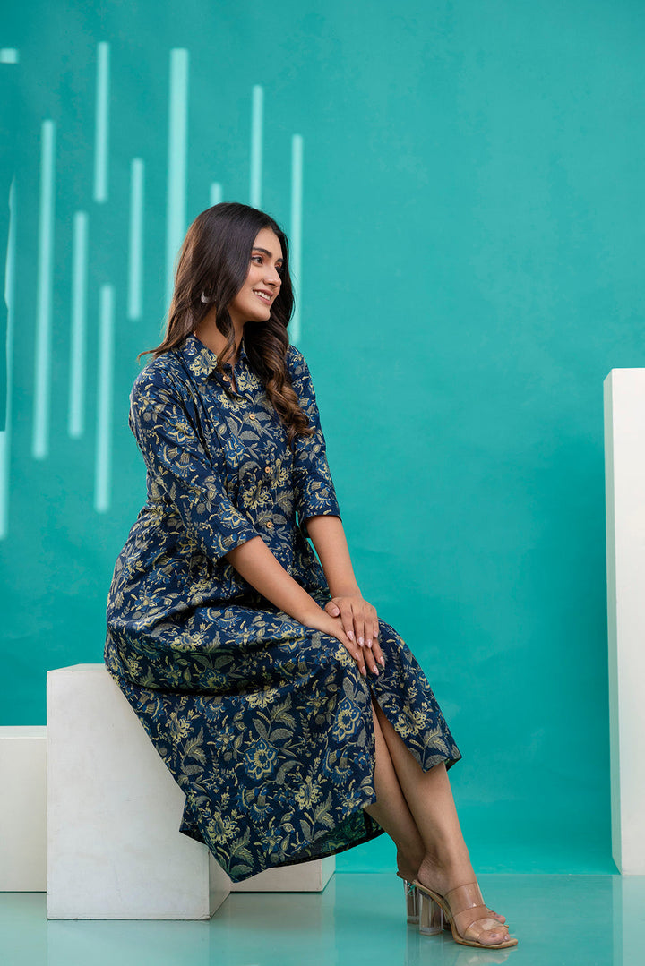 Printed Flared Dress With Three Quarter Sleeves