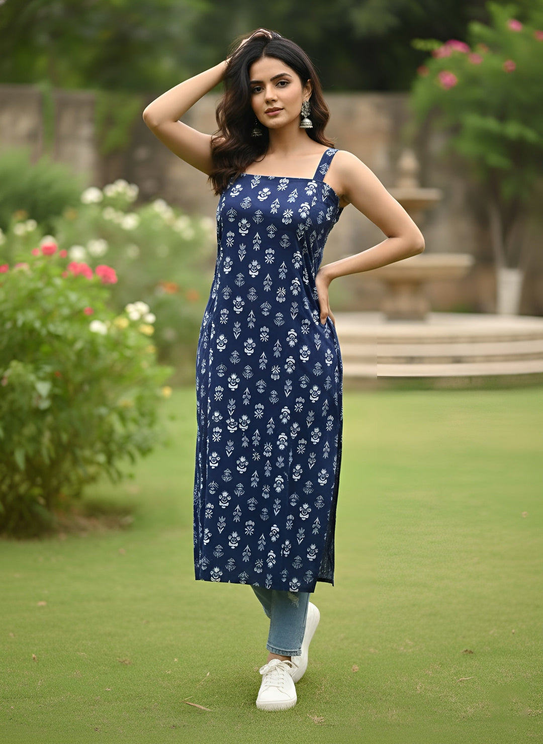 Printed Stylish Back Straight Sleeveless Kurta