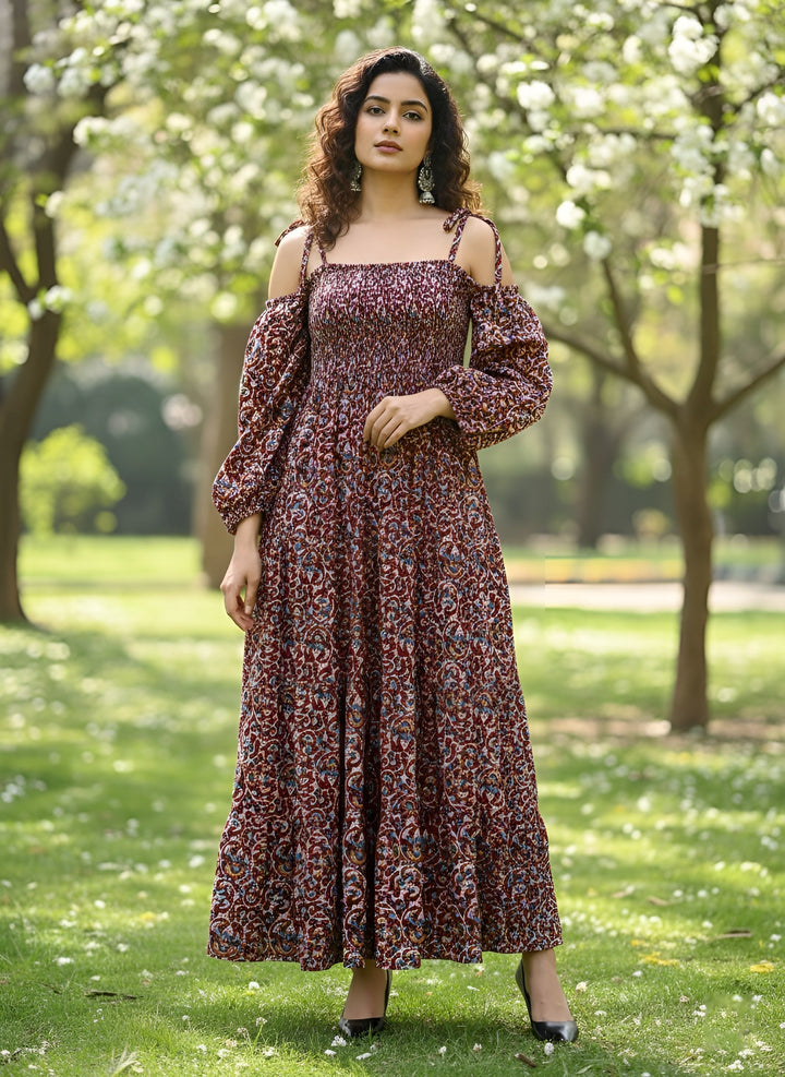 Printed Cold-Shoulder Sleeves Dress for Women
