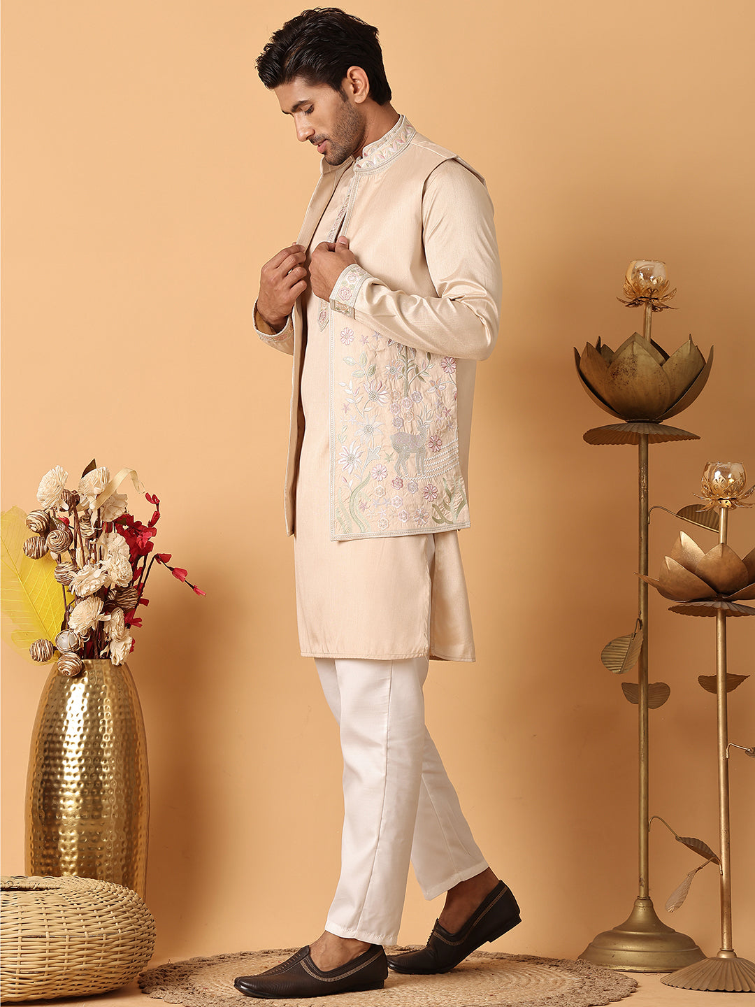 Embroidered Waistcoat And Kurta Pyjama For Men