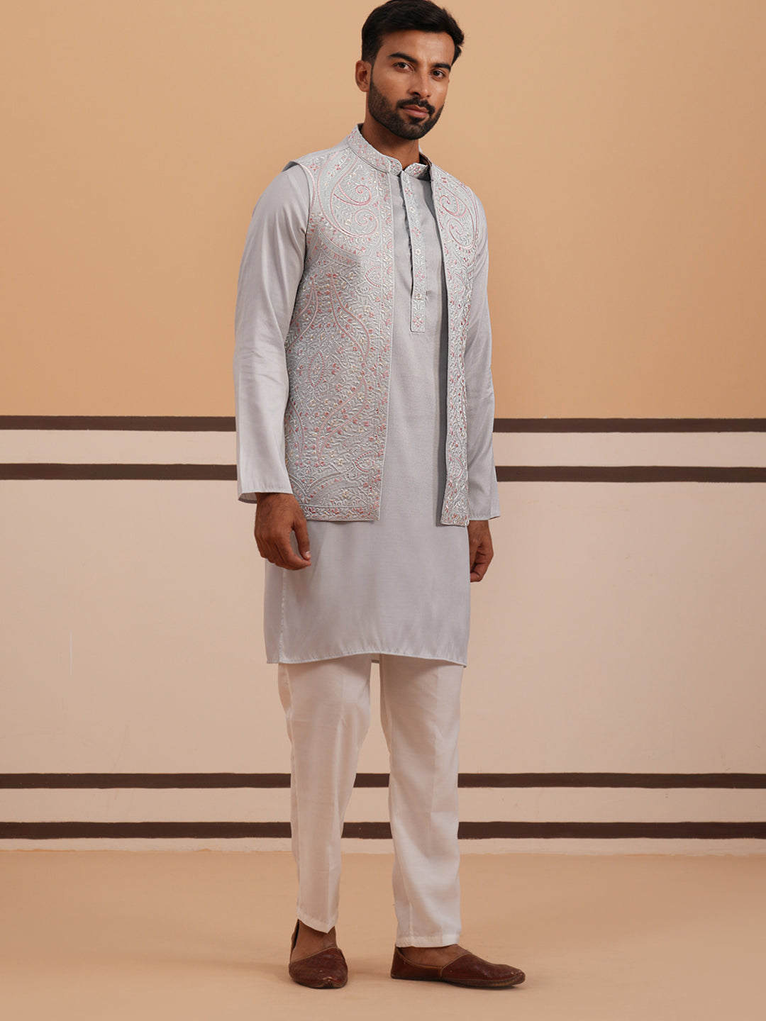 Embroidered Nehru Jacket & Kurta Pyjama Set