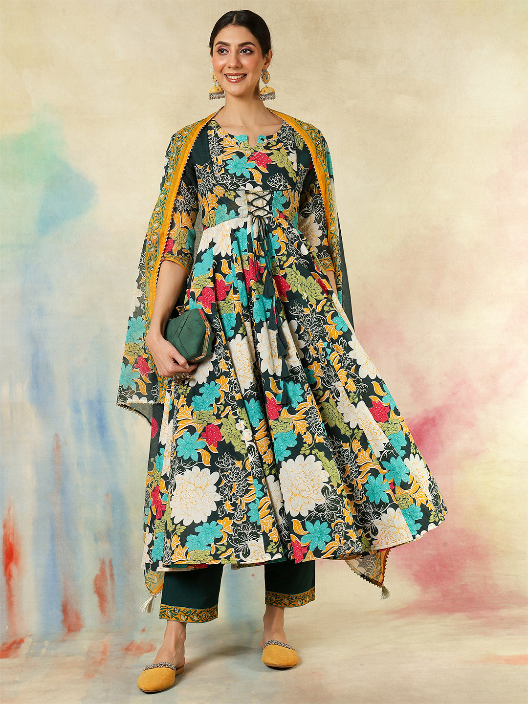 Kimayra green cotton printed kurta suit set – wholesale manufacturer & exporter from India