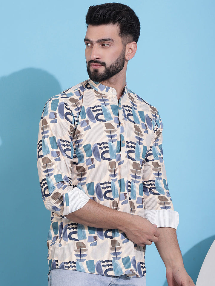 Men Printed Corduroy Short Kurta