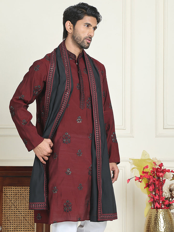 Embroidered Silk Blend Kurta With Contrast Dupatta