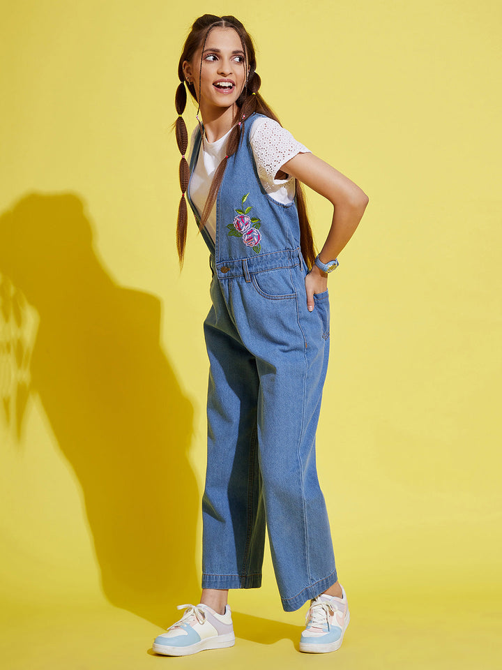 Girls Embroidery Denim Jumpsuit