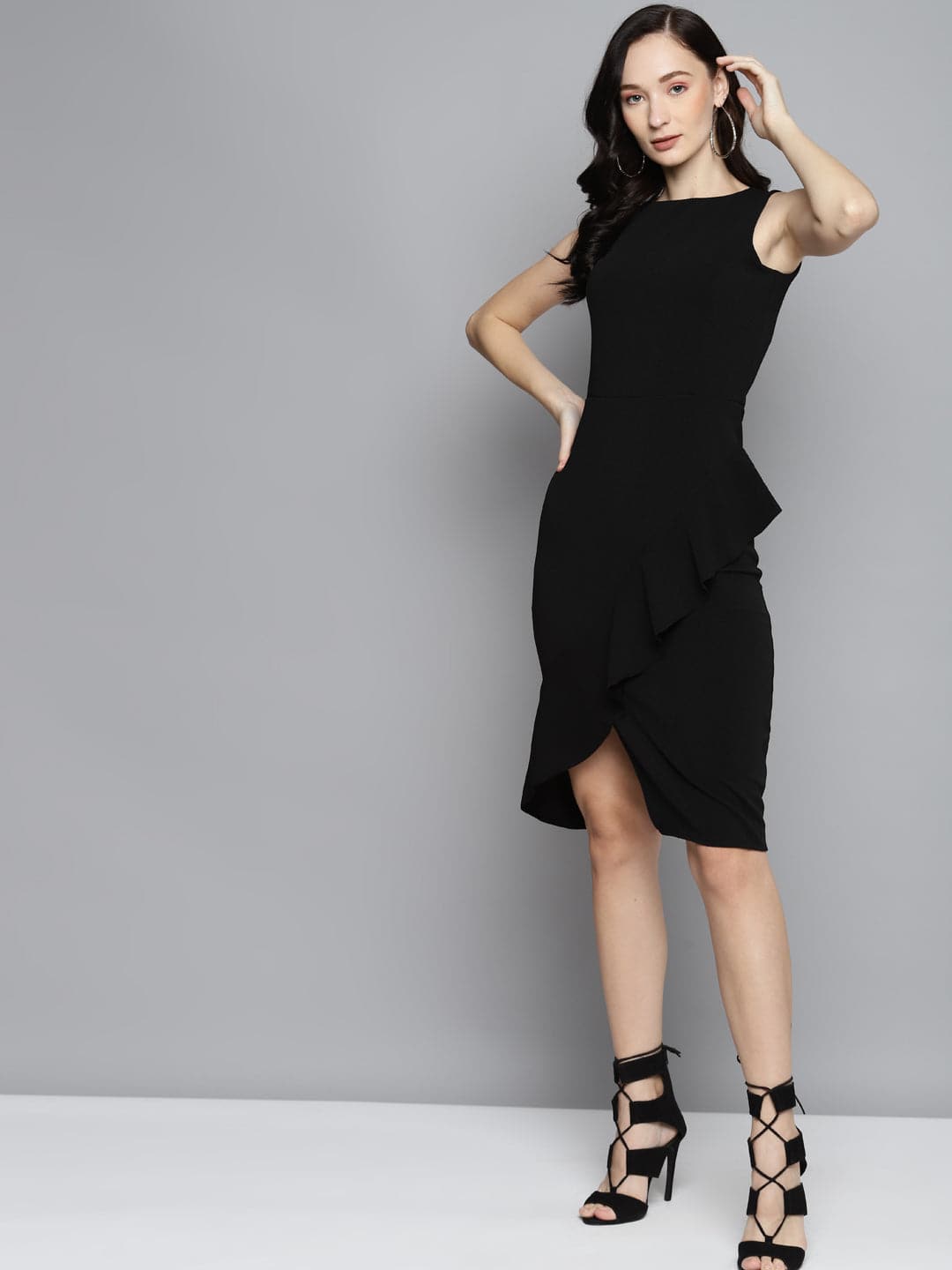 Women's Black One Side Frill Bodycon in Crepe by Sassafras for wholesale, bulk, supplier, manufacturer and wholesaler buyers from Trendphoria