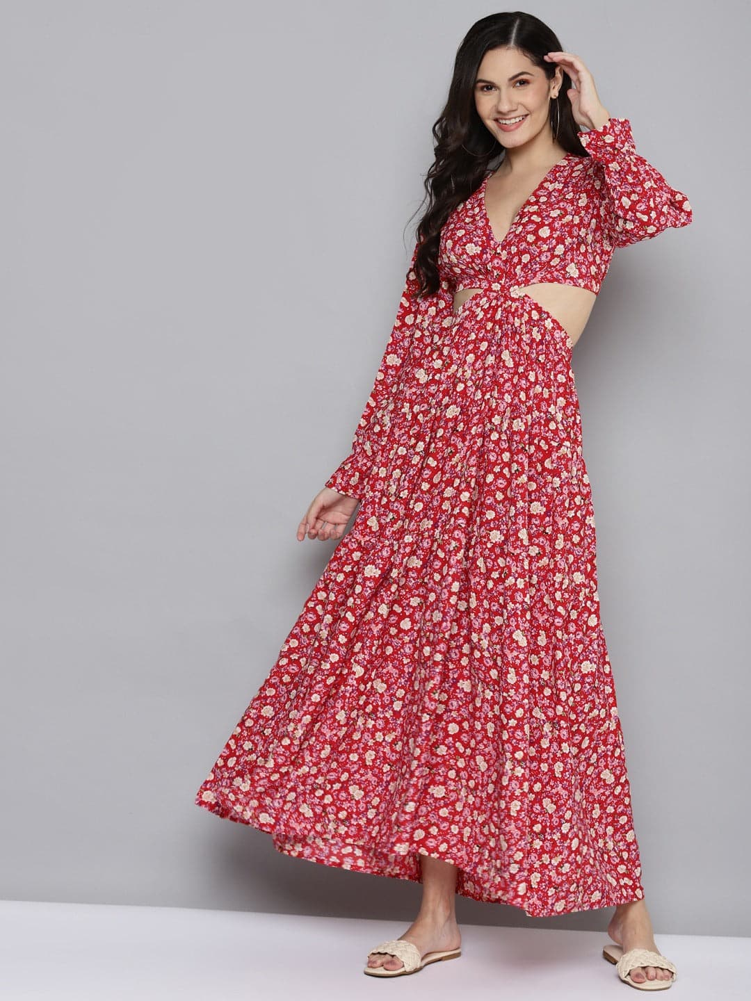 Women's Women Red Ditsy Floral Waist Cut-Out Maxi Dress in Polyester by Sassafras for wholesale, bulk, supplier, manufacturer and wholesaler buyers from Trendphoria