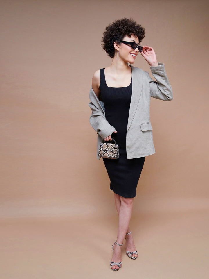 Women Rib Square Neck Midi Dress