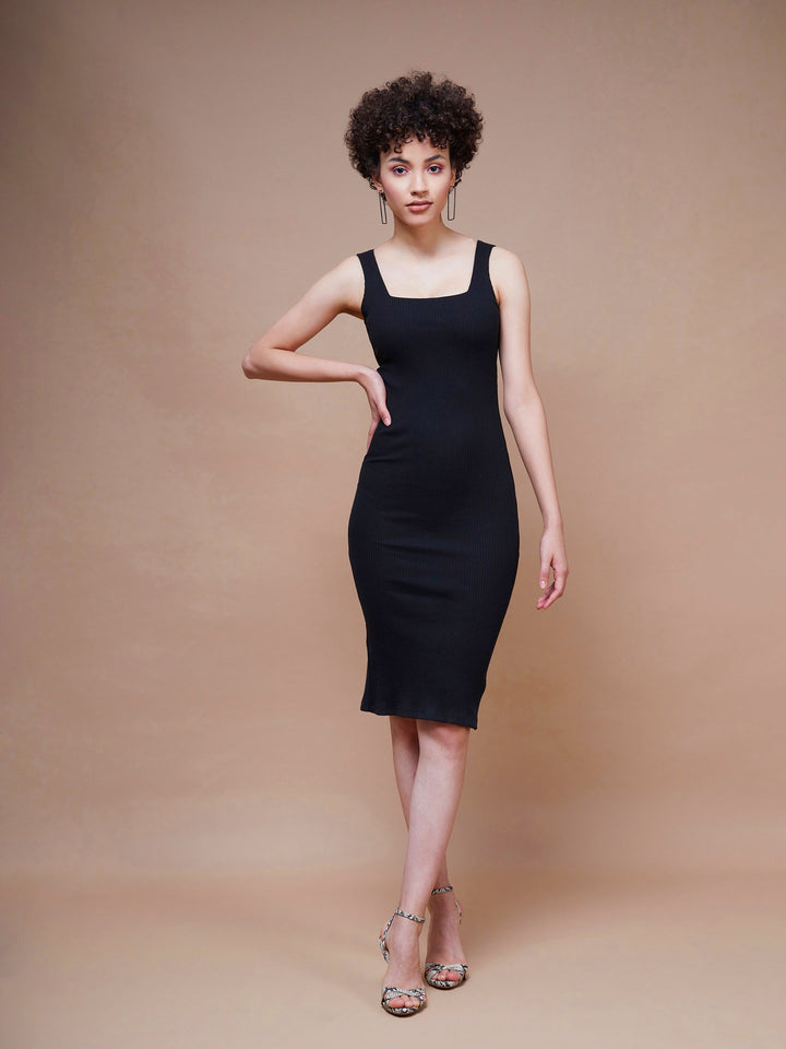 Women Rib Square Neck Midi Dress