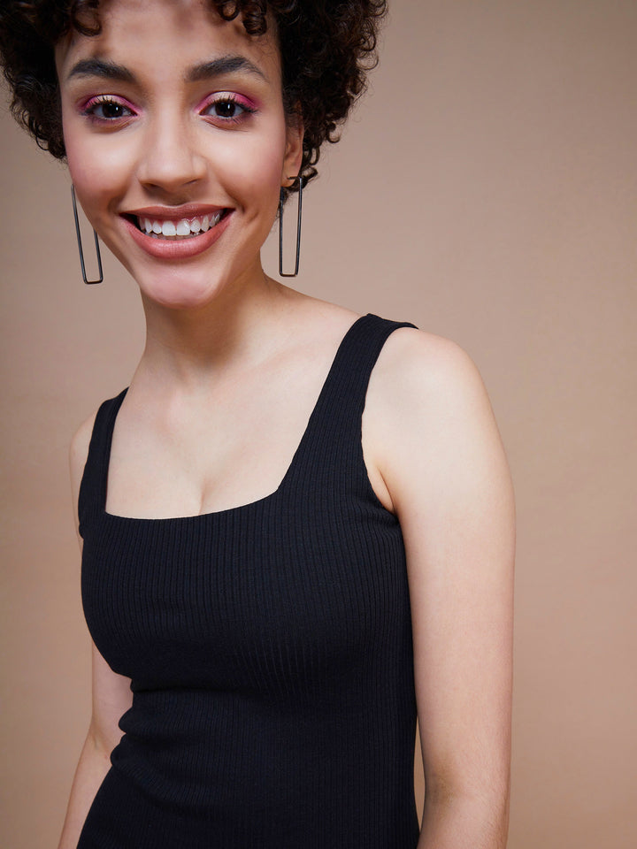 Women Rib Square Neck Midi Dress