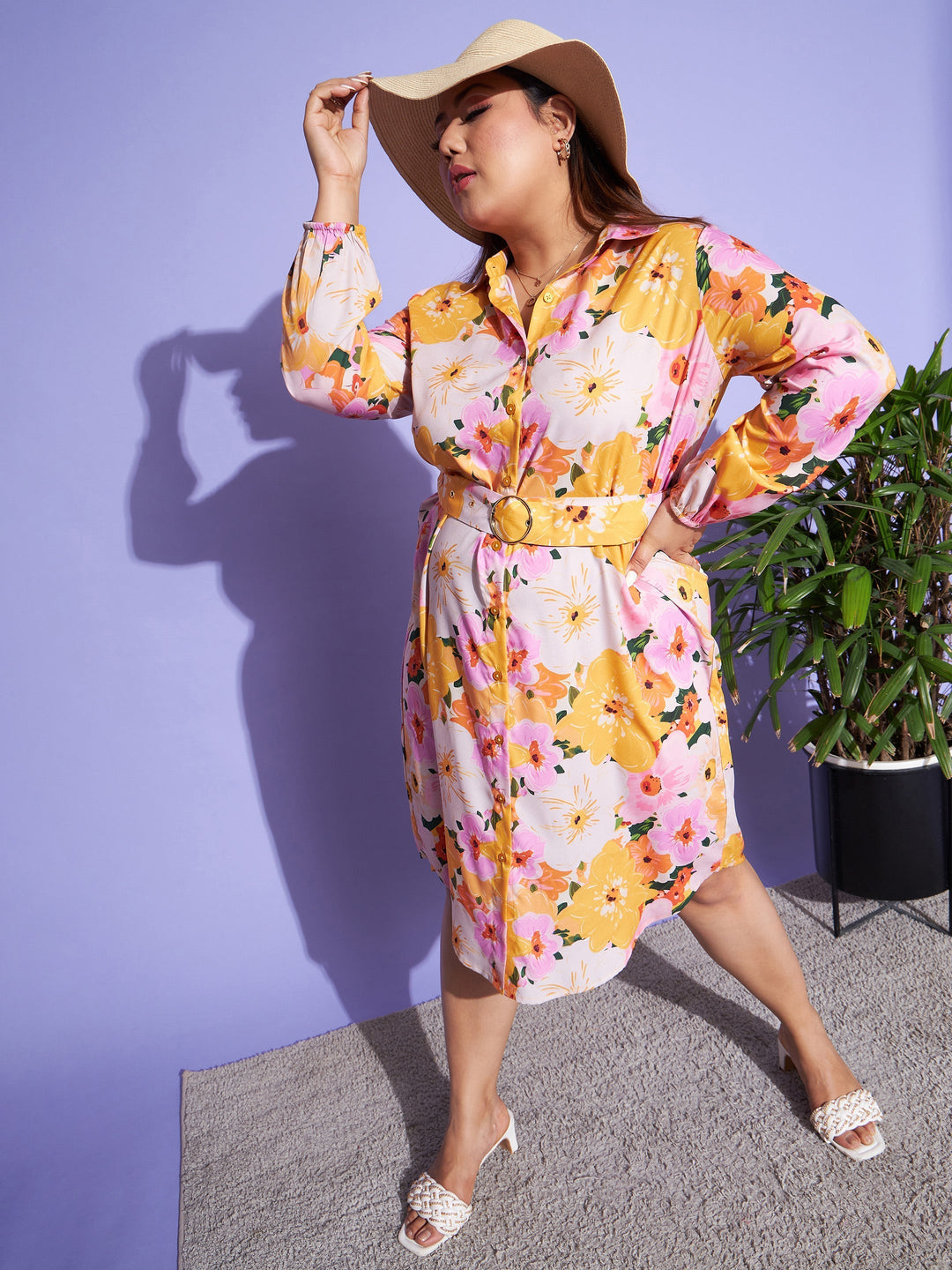 Plus size women's Orange Polyester Orange Floral Belted Shirt Dress by Sassafras Curve for wholesale buyers, boutiques, resellers and bulk orders
