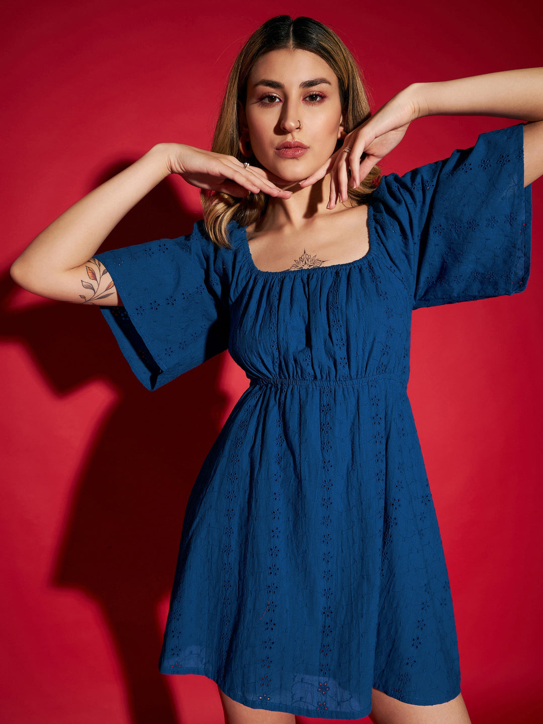 Women's Women Royal Blue Schiffli Back Tie Short Skater Dress in Cotton by Sassafras for wholesale, bulk, supplier, manufacturer and wholesaler buyers from Trendphoria