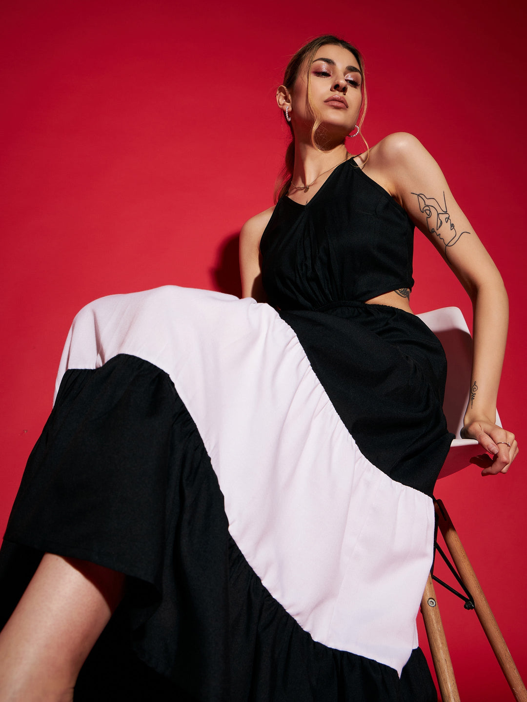 Women's Women Black & White Colour Block Tiered Maxi Dress in Rayon by Sassafras for wholesale, bulk, supplier, manufacturer and wholesaler buyers from Trendphoria