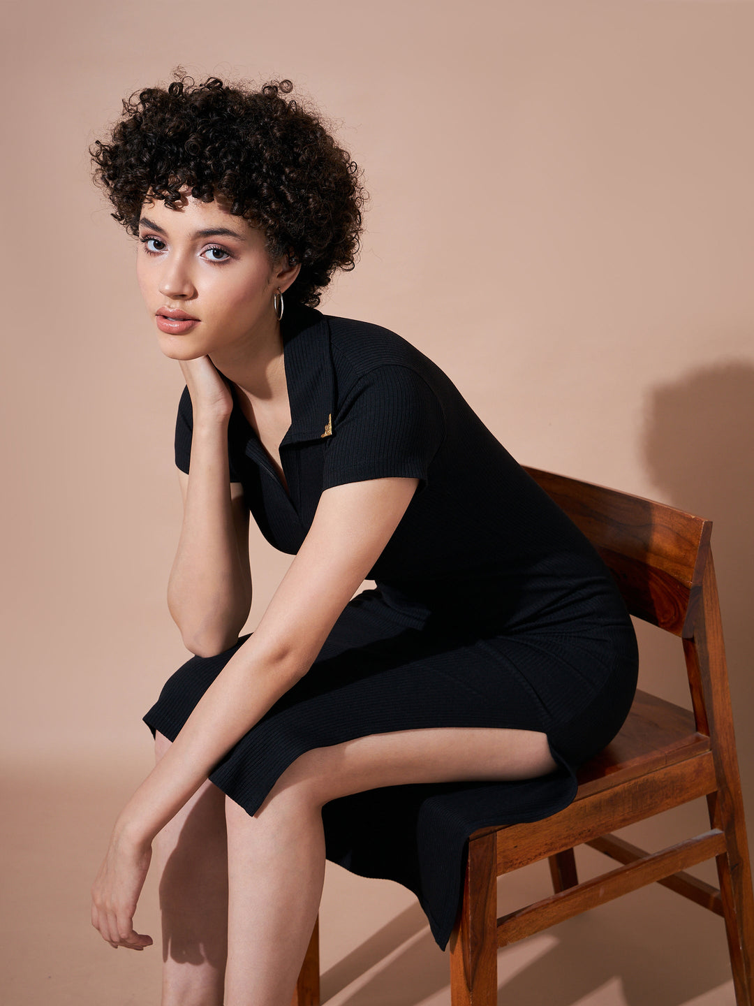 Women Rib Polo Collar Tip Bodycon Dress