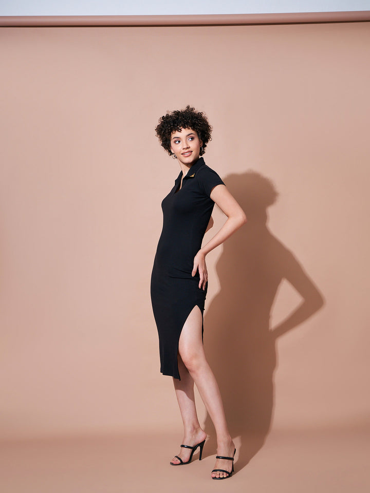 Women Rib Polo Collar Tip Bodycon Dress