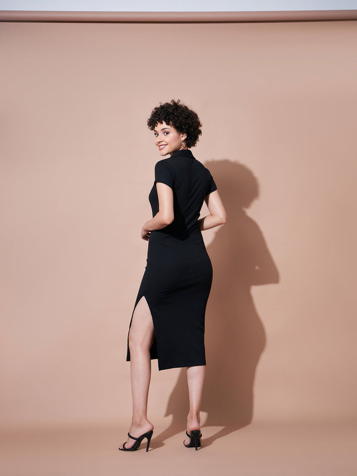 Women Rib Polo Collar Tip Bodycon Dress